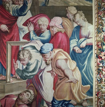 Wandteppich, der die Taten der Apostel darstellt, der Tod des Ananias, Detail einer Gruppe von Zuschauern, die von Angst ergriffen sind, gewebt in der Beauvais-Werkstatt unter der Leitung von Philippe Behagle von Raffaello Sanzio Raphael